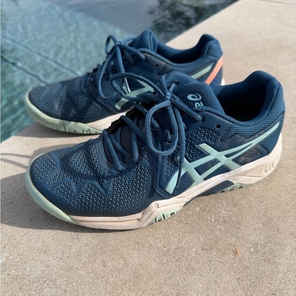 Asics Gel Resolution 8 Kids Blue Sneakers with Mint and Peach Accents - Picture 3 of 10